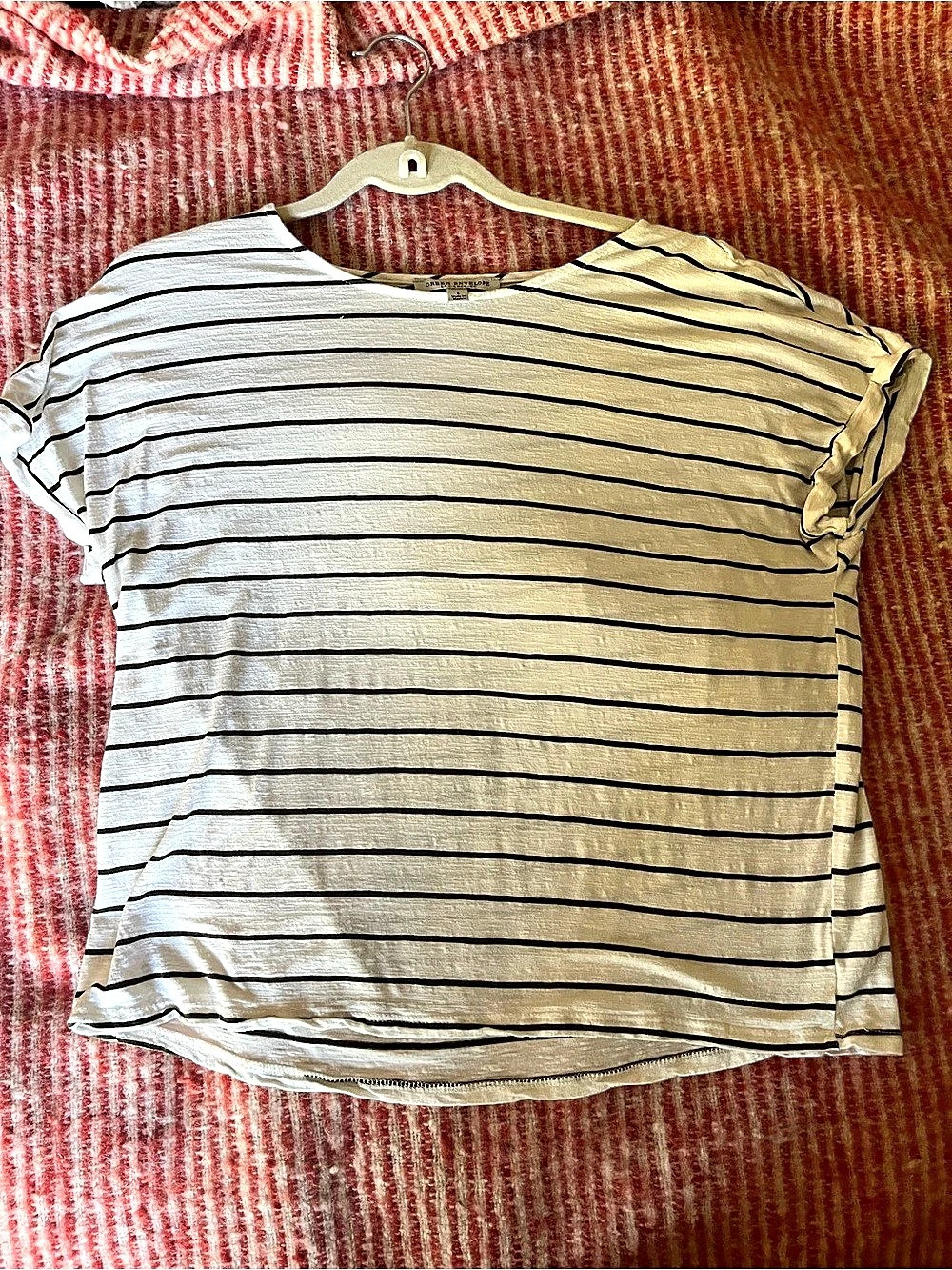 Green Envelope Striped Short Sleeve Top in White & Black Large